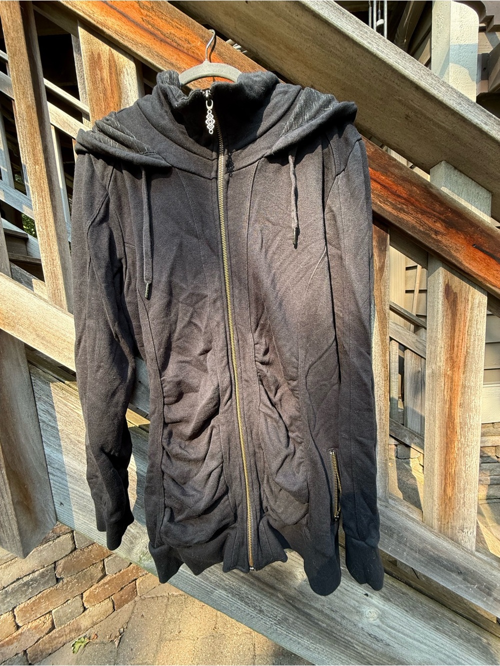 Ruched Black Zip-Front Hooded Sweatshirt